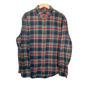 Lands End Mens L Flannel Shirt Blue Red Plaid Outdoors Casual Button Up Dad Camp